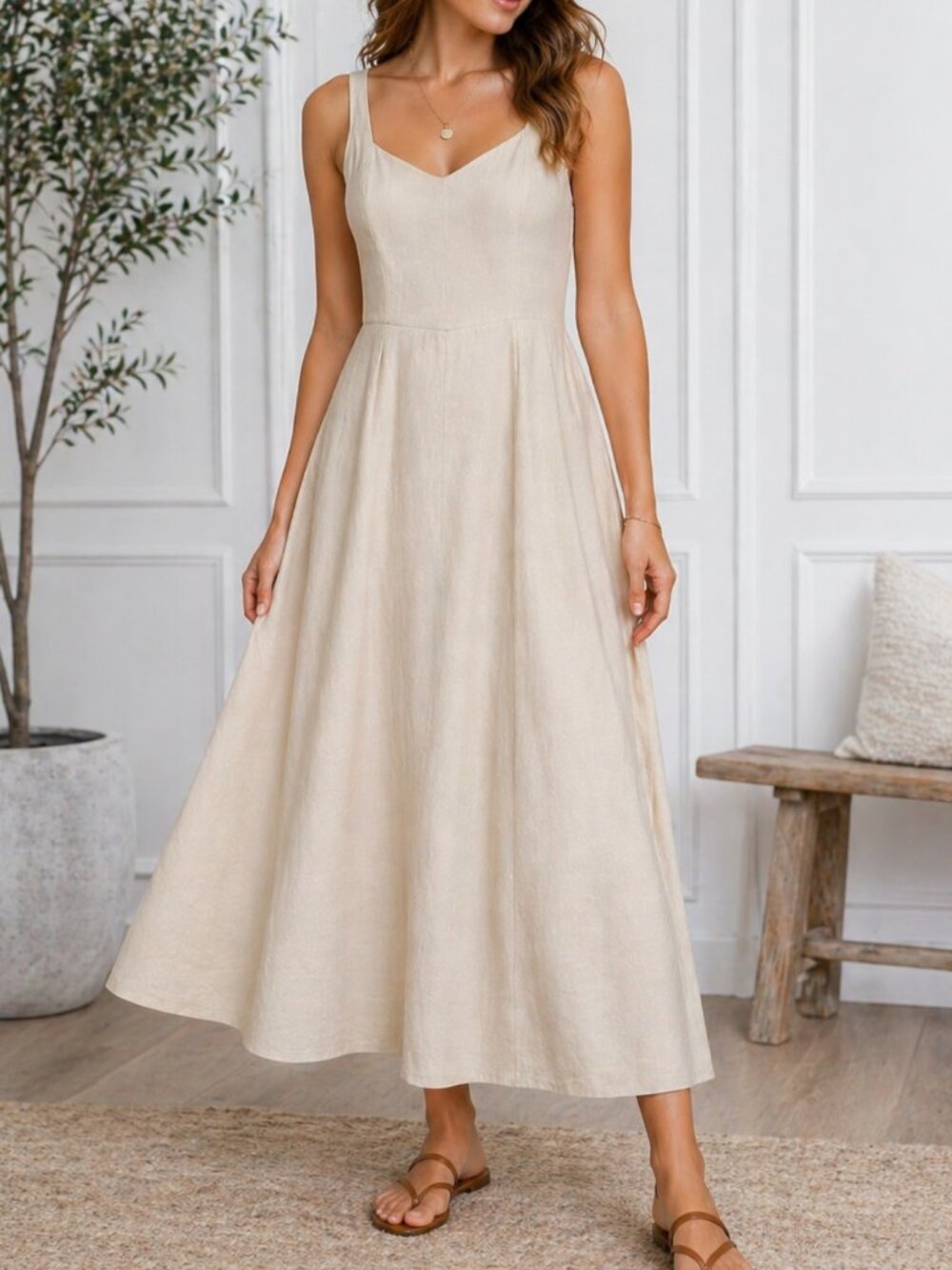Ecru Linen Blend Midi Dress Smocked Back Old Navy Boho Coastal Minimalist L NWOT